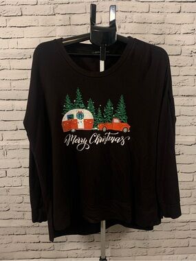 XL Merry Christmas Black Holiday Long Sleeve Tee with Red Truck and Camper